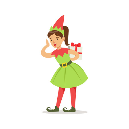 Girl In Pointy Shoes With Gift Dressed As Santa Claus Christmas Elf For The Costume Holiday Carnival Partyのイラスト素材