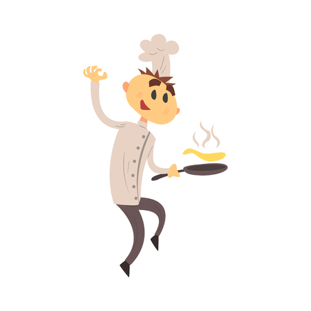 Professional Cook In Classic Double Breasted White Jacket And Toque Frying Pancakesのイラスト素材