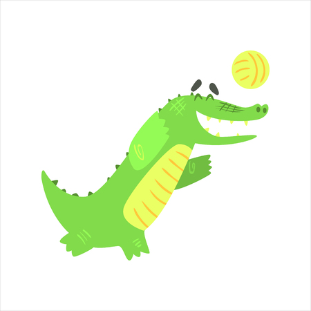 Crocodile Playing Volleyball, Humanized Green Reptile Animal Character Every Day Activityのイラスト素材