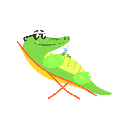 Crocodile Sunbathing On Sunbed With Cocktail, Humanized Green Reptile Animal Character Every Day Activity, Part Of Flat Bright Color Isolated Funny Alligator In Different Situation Series Of Illustrationsのイラスト素材