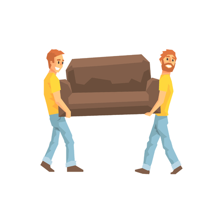 Two Movers Carrying Sofa For Ressetlement,Delivery Company Employees Delivering Shipments Illustration. Part Of Manual Laborer Loading And Bringing Items Cartoon Characters Set.のイラスト素材