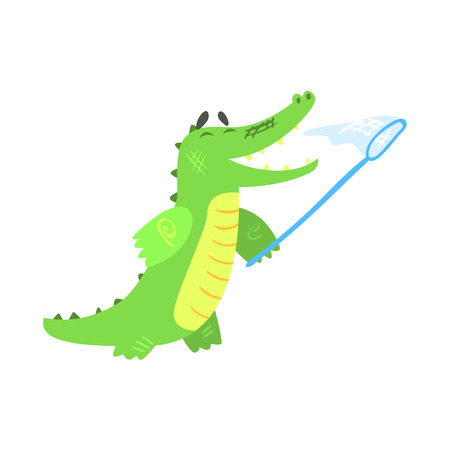 Crocodile Catching Butterflies With Net, Humanized Green Reptile Animal Character Every Day Activity, Part Of Flat Bright Color Isolated Funny Alligator In Different Situation Series Of Illustrationsのイラスト素材