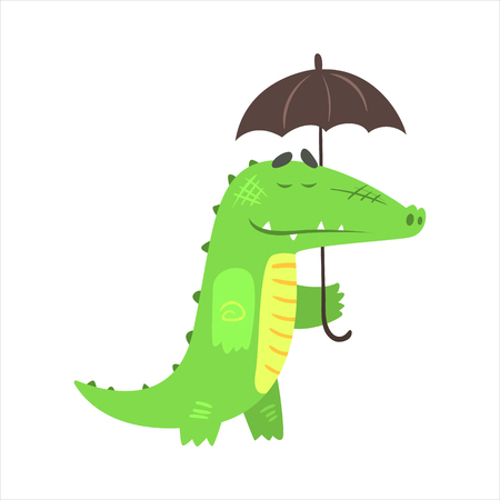 Crocodile Walking Under Rain With Umbrella, Humanized Green Reptile Animal Character Every Day Activity, Part Of Flat Bright Color Isolated Funny Alligator In Different Situation Series Of Illustrationsのイラスト素材