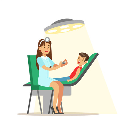 Kid On Medical Check-Up With Female Pediatrician Doctor Doing Physical Examination Checking Teeth For The Pre-School Health Inspectionのイラスト素材