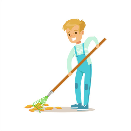 Boy Collecting Fallen Leaves With Rake Helping In Eco-Friendly Gardening Outdoors Part Of Kids And Nature Seriesのイラスト素材