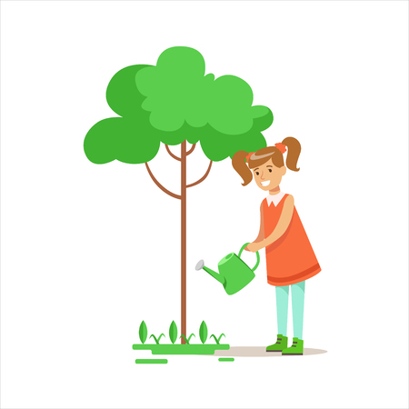Girl Watering Tree Helping In Eco-Friendly Gardening Outdoors Part Of Kids And Nature Seriesのイラスト素材