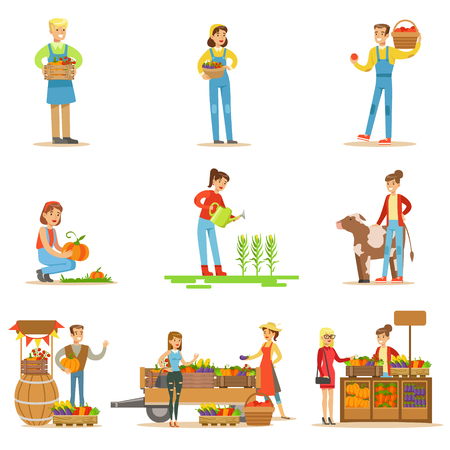 Farmers Men And Women Working At The Farm And Selling Fresh Farming Vegetables On Natural Organic Product Marketのイラスト素材
