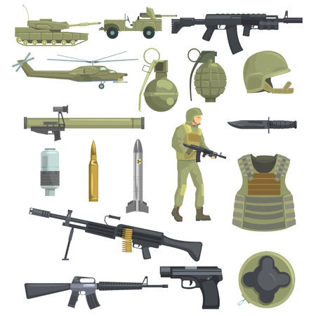 Professional Army Infantry Forces Weapons, Transportation And Soldier Equipment Set Of Realistic Objects In Khaki Colorのイラスト素材