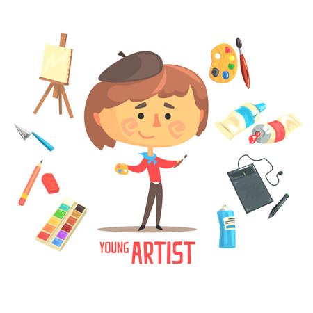 Boy Artist Painter, Kids Future Dream Professional Occupation Illustration With Related To Profession Objectsのイラスト素材