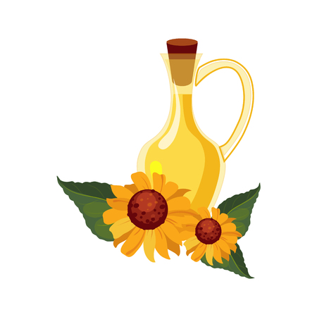 Sunflower Seeds Oil Glass Bottle and Sunflowers, Farm And Farming Related Illustration In Bright Cartoon Styleのイラスト素材