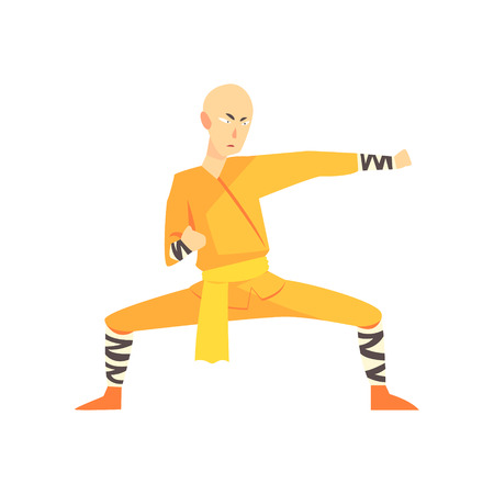 Bold Asian Shaolin Monk Kung Fu Martial Arts Fighter, Fighting Sports Professional In Traditional Fighting Sportive Clothingのイラスト素材