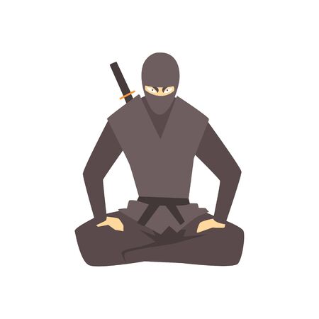 Ninja Wearing Full Black Covering Clothes Martial Arts Fighter, Fighting Sports Professional In Traditional Fighting Sportive Clothingのイラスト素材
