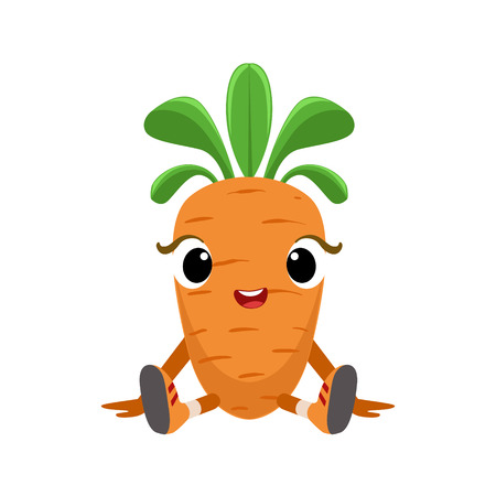 Big Eyed Cute Girly Carrot Character Sitting, Emoji Sticker With Baby Vegetableのイラスト素材