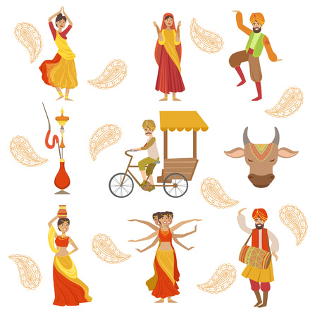 Dancing, Holy Cow And Other Indian Cultural Symbol Drawingsのイラスト素材