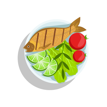 Fish With Lime And Tomatos, Oktoberfest Grill Food Plate Illustrationのイラスト素材