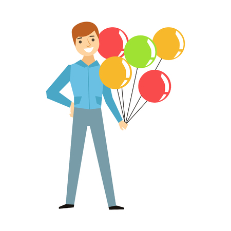 Guy Holding Bunch Of Colorful Balloons, Part Of Funny Drunk People Having Fun At The Party Seriesのイラスト素材