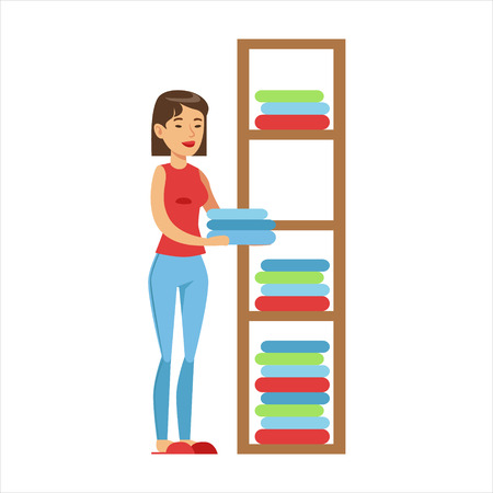 Woman Housewife Ranging Clean Clothes On Shelves, Classic Household Duty Of Staying-at-home Wife Illustrationのイラスト素材