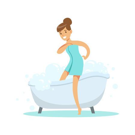 Girl Going Out OF Bathtub, Part Of People In The Bathroom Doing Their Routine Hygiene Procedures Seriesのイラスト素材
