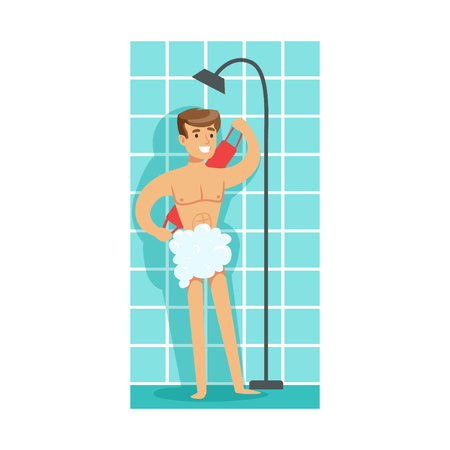 Man Washing Himself With Washcloth In Shower, Part Of People In The Bathroom Doing Their Routine Hygiene Procedures Seriesのイラスト素材