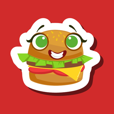 Smiling Burger Sandwich, Cute Emoji Sticker On Red Backgroundのイラスト素材