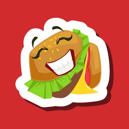 Happy Smiling Burger Sandwich, Cute Emoji Sticker On Red Backgroundのイラスト素材