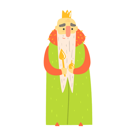 Kind Old King With Orb And Scepter In Green Mantle Fairy-Tale Cartoon Childish Characterのイラスト素材