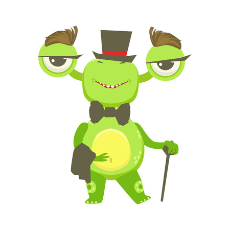 Gentleman Funny Monster With Top Hat And Bow Tie, Green Alien Emoji Cartoon Character Stickerのイラスト素材