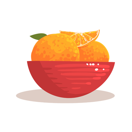 Red Ceramic Bowl Full With Fresh Garden Oranges Cool Style Bright Illustration. Cartoon Detailed Radiant Color Hand Drawn Object Isolated On White Background.のイラスト素材