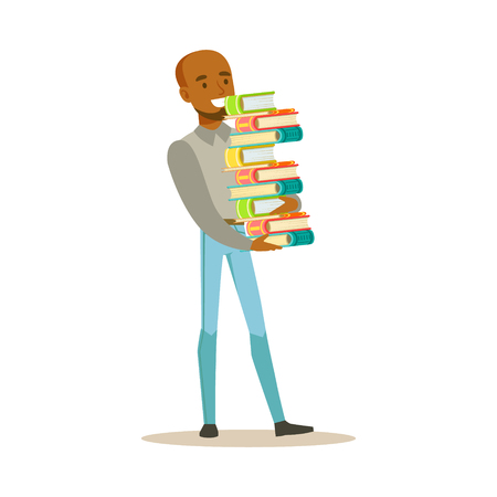 Man Carrying Tall Pile Of Books, Smiling Person In The Library Vector Illustration. Simple Cartoon Drawing With Bookworm People Loving To Read And Study In The Library.のイラスト素材