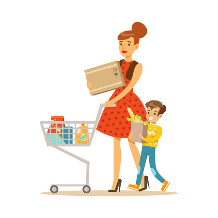 Mother And Son With Cart Shopping In Department Store ,Cartoon Character Buying Things In The Shop. Colorful Vector Illustration With Happy People In Supermarket.のイラスト素材