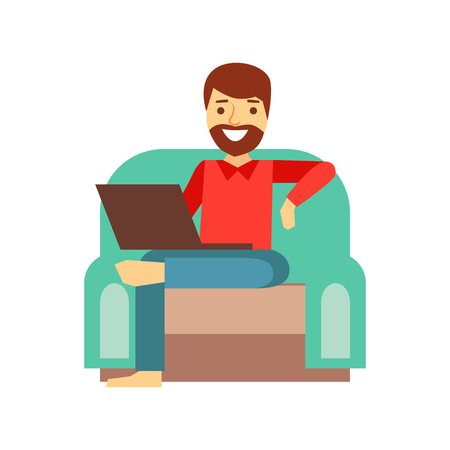 MAn At Home In Armchair With Lap Top, Person Being Online All The Time Obsessed With Gadgetのイラスト素材