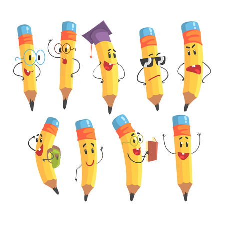 Cute Humanized Pencil Character With Arms And Face Emoji Illustrations Setのイラスト素材