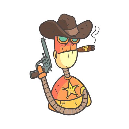 Wild West Sheriff Orange Robot In Cowboy Hat With Gun And Cigar Cartoon Outlined Illustration With Cute Android And His Emotionsのイラスト素材