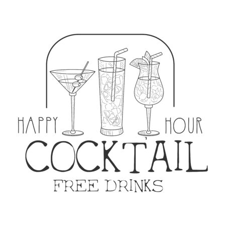Bar Happy Hour Promotion Sign Design Template Hand Drawn Hipster Sketch With Cocktails Assortmentのイラスト素材