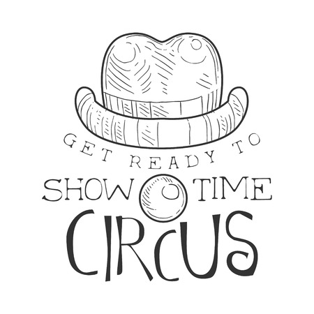 Hand Drawn Monochrome Vintage Circus Show Time Promotion Sign With Clown Nose And Hat In Pencil Sketch Style With Calligraphic Textのイラスト素材