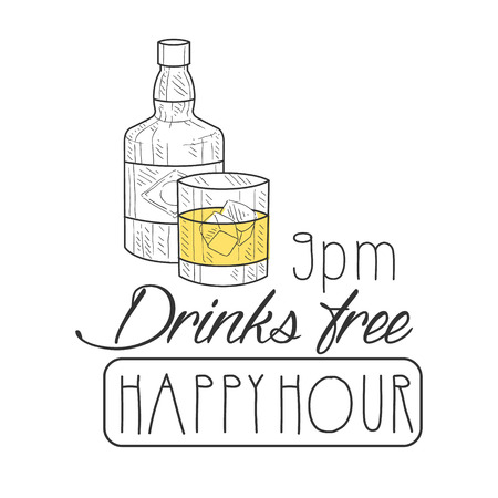 Bar Happy Hour Promotion Sign Design Template Hand Drawn Hipster Sketch With Whiskey Bottle And Glassのイラスト素材