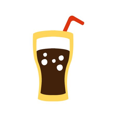 Glass With Non-Alcoholic Sweet Soda Drink And A Straw Primitive Cartoon Icon, Part Of Pizza Cafe Series Of Clipart Illustrationsのイラスト素材