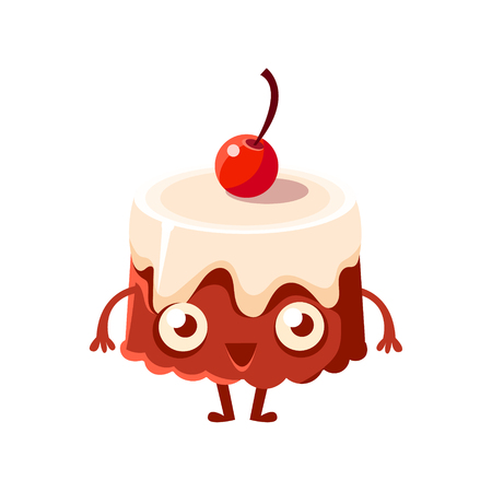 Chocolate Cake With Cherry On Top, Sweet Dessert Pastry Childish Cartoon Characterのイラスト素材