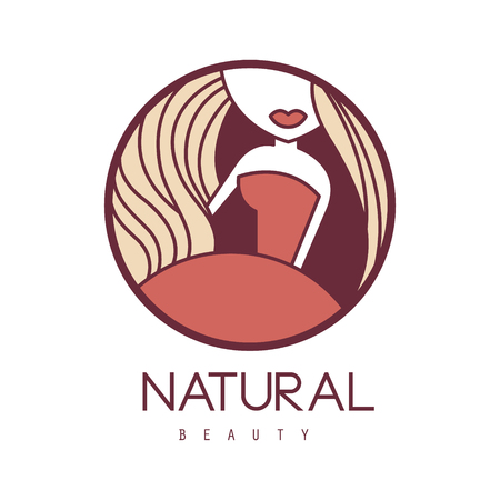 Natural Beauty Salon Hand Drawn Cartoon Outlined Sign Design Template With Woman In Red Dress Outfit Details In Round Frameのイラスト素材