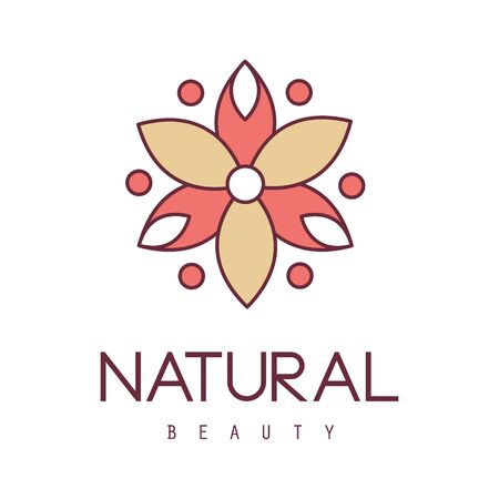 Natural Beauty Salon Hand Drawn Cartoon Outlined Sign Design Template With Red And Yelow Stylized Geometric Flowerのイラスト素材