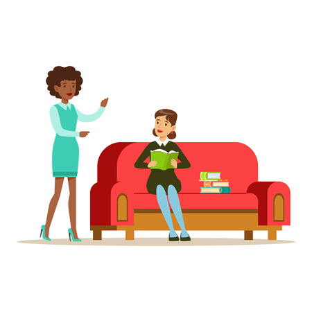 Woman Sitting On Sofa Reading A Book Talking To A Friend, Smiling Person In The Library Vector Illustration. Simple Cartoon Drawing With Bookworm People Loving To Read And Study In The Library.のイラスト素材