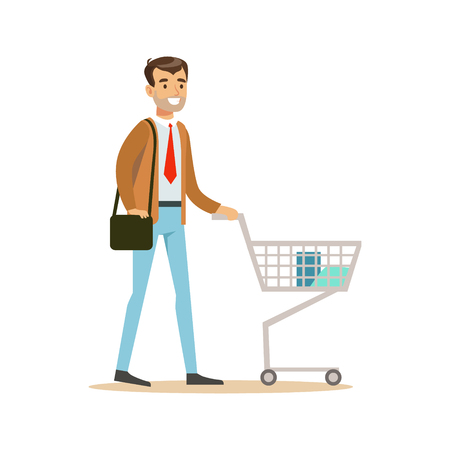 Man With Cart And Handbag In Department Store ,Cartoon Character Buying Things In The Shop. Colorful Vector Illustration With Happy People In Supermarket.のイラスト素材