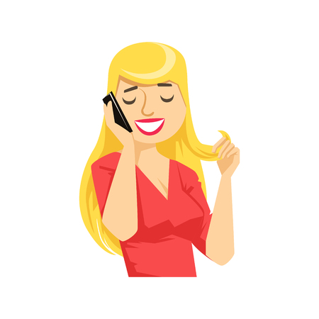 Blond Woman Flirting On The Smartphone, Part Of People Speaking On The Mobile Phone Series. Cartoon Character Talking To The Cell Phone Portrait Flat Illustration.のイラスト素材