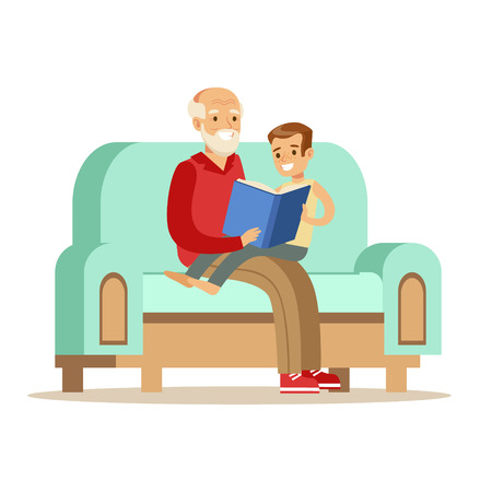 Grandfather And Boy Reading A Book, Part Of Grandparents Having Fun With Grandchildren Series. Different Generations Of Family Enjoying Time Together Vector Cartoon Illustration.のイラスト素材