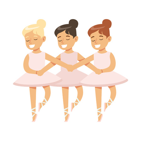 Little Girls Dancing Swans Lake Ballet In Classic Dance Class, Future Professional Ballerina Dancer. Small Happy Kid And Adorable Stage Performance Vector Illustration.のイラスト素材