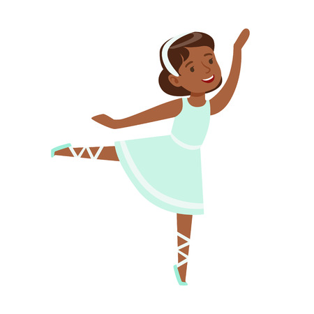 Little Girl In Blue Dress Dancing Ballet In Classic Dance Class, Future Professional Ballerina Dancer. Small Happy Kid And Adorable Stage Performance Vector Illustration.のイラスト素材