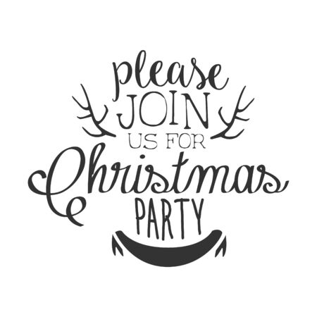 Christmas Party Black And White Invitation Card Design Template With Calligraphic Text And Deer Antlers. Monochrome Print Inviting To The Celebration Event In Classy Typography Style Vector Illustrationのイラスト素材