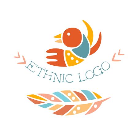 Ethnic Logo Boho Style Element, Hipster Fashion Design Template In Blue, Yellow And Red Color With Stylized Birdのイラスト素材