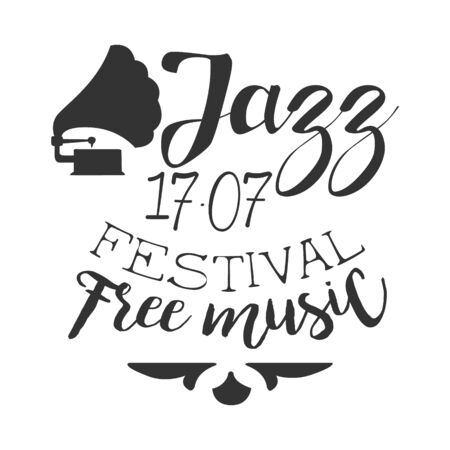 Jazz Free Live Music Festival Concert Black And White Poster With Calligraphic Text And Gramophoneのイラスト素材