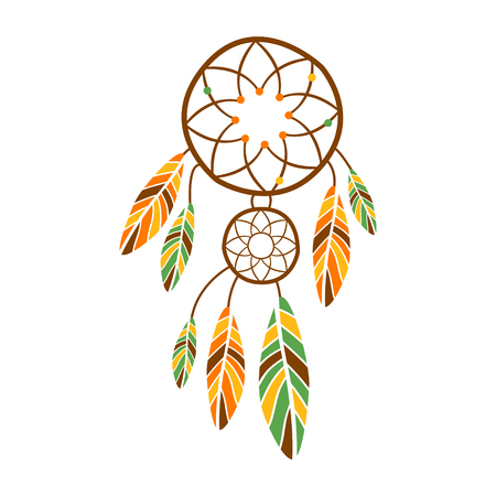 Double Dream Catcher With Feathers, Native Indian Culture Inspired Boho Ethnic Style Printのイラスト素材